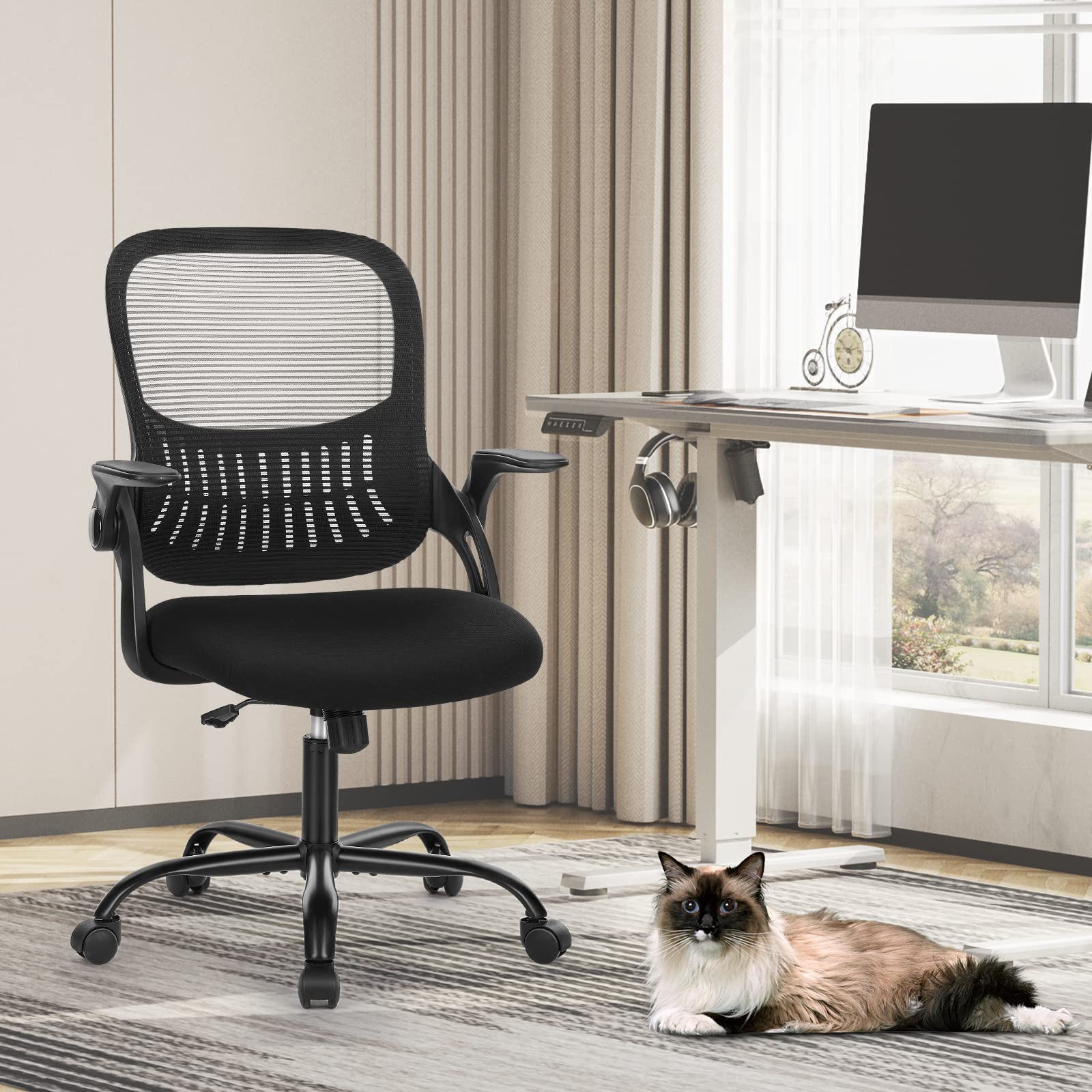Ergonomic Office Chair with Lumbar Support - Mid Back Mesh Computer Desk Chair with Wheels, Swivel & Flip-Up Arms - Comfortable Task Chair for Home Office, Gaming, Study & Bedroom - Black (Ideal for Long Work Hours, Online Classes & PC Gaming Sessions)