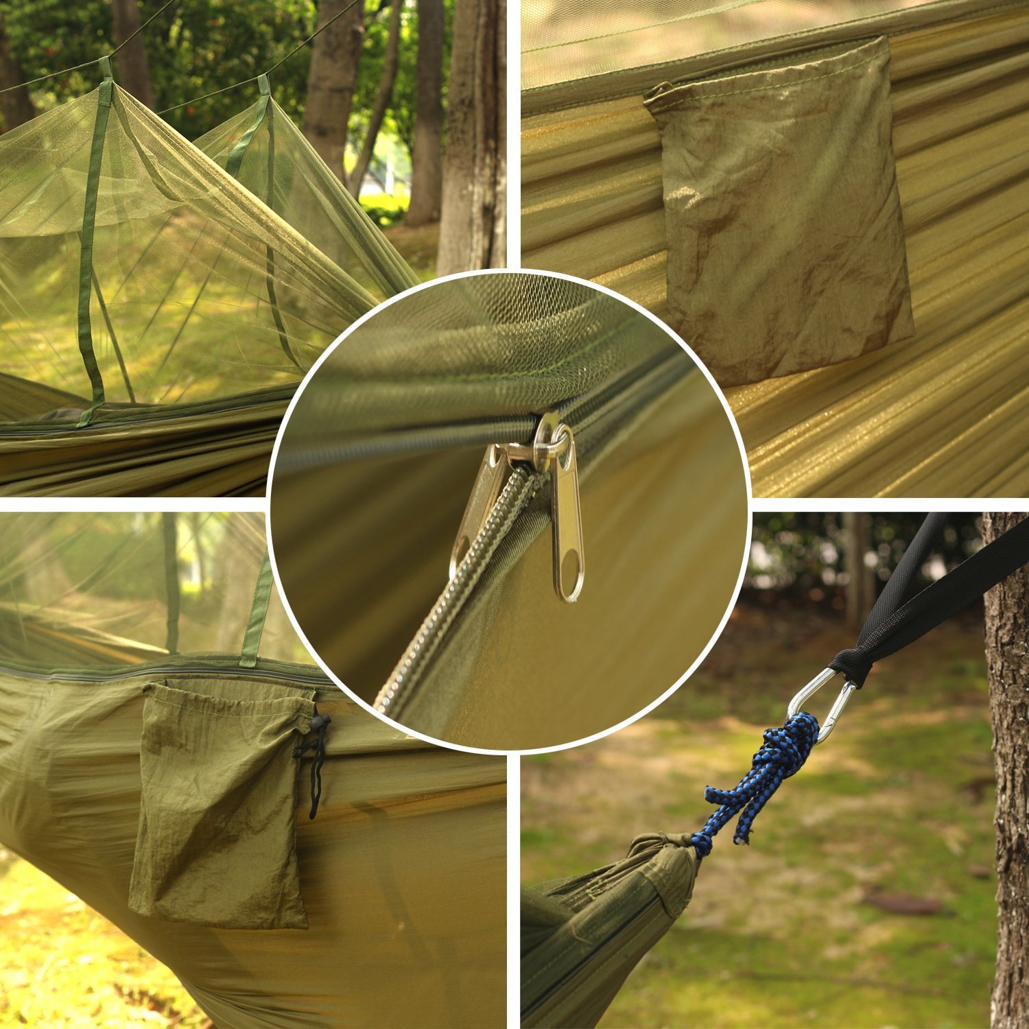 Premium Portable Foldable Double Camping Hammock with Mosquito Net - Lightweight 210T Nylon Hanging Bed for Outdoor Travel - Supports 441 lbs with Strong Tree Straps & Hooks - Includes Storage Bag - Perfect for Backpacking, Beach Trips, and Backyard Relaxation