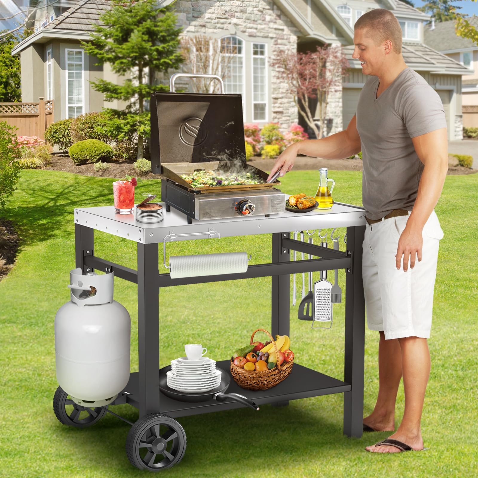 Portable Outdoor Grill Table Cart with Wheels - Heavy Duty Movable BBQ Prep Station, Pizza Oven Stand & Double Shelf Work Table - Perfect for Blackstone, Ninja, Ooni Grills - Ideal for Backyard Cooking, Tailgating & Outdoor Entertaining