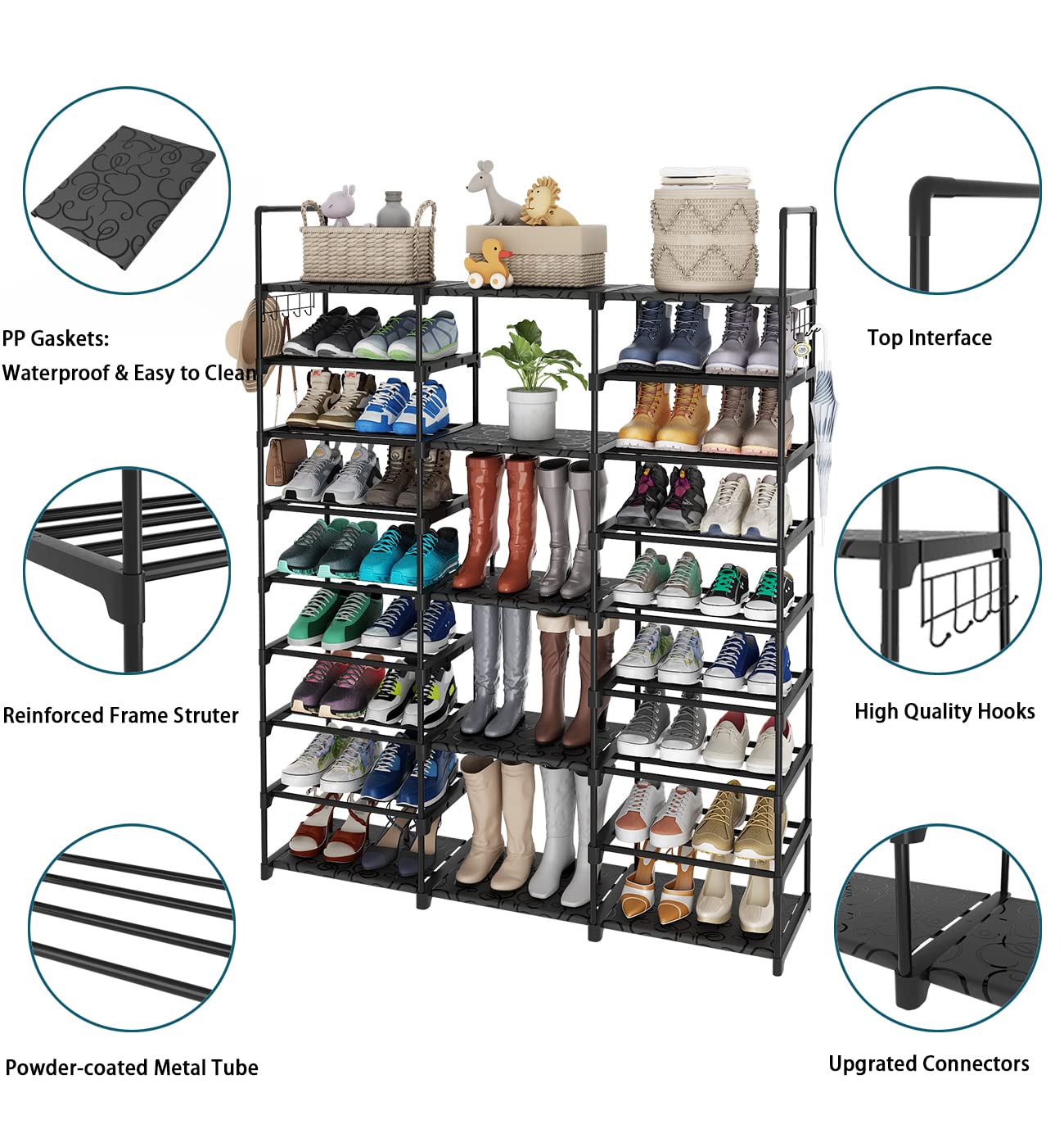 9-Tier Large Metal Shoe Rack Organizer - Holds 50-55 Pairs of Shoes & Boots with Side Hooks - Space Saving Shoe Storage Shelf for Entryway, Garage, Living Room, Closet & Bedroom Organization
