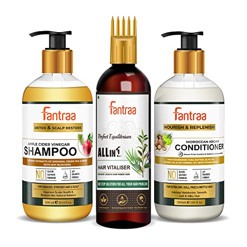Fantraa Ultimate Hair Care Kit - Apple Cider Vinegar Shampoo (300ml), All-in-One Hair Oil (200ml) & Argan Conditioner (300ml) for All Hair Types - Daily Nourishment, Repair & Shine - Perfect for Dry, Damaged & Frizzy Hair at Home or Salon