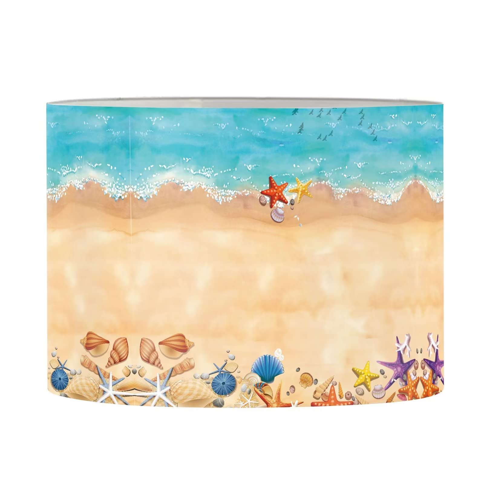 Xoenoiee Drum Lamp Shade - 11.2 x 6.7 Inch PVC Metal Frame Cylinder Lampshade with Spider UNO Euro Fitter for Table & Floor Lamps - Coastal Decor with Beach Sand, Shell & Starfish Design - Perfect for Living Room, Bedroom or Beach House Lighting