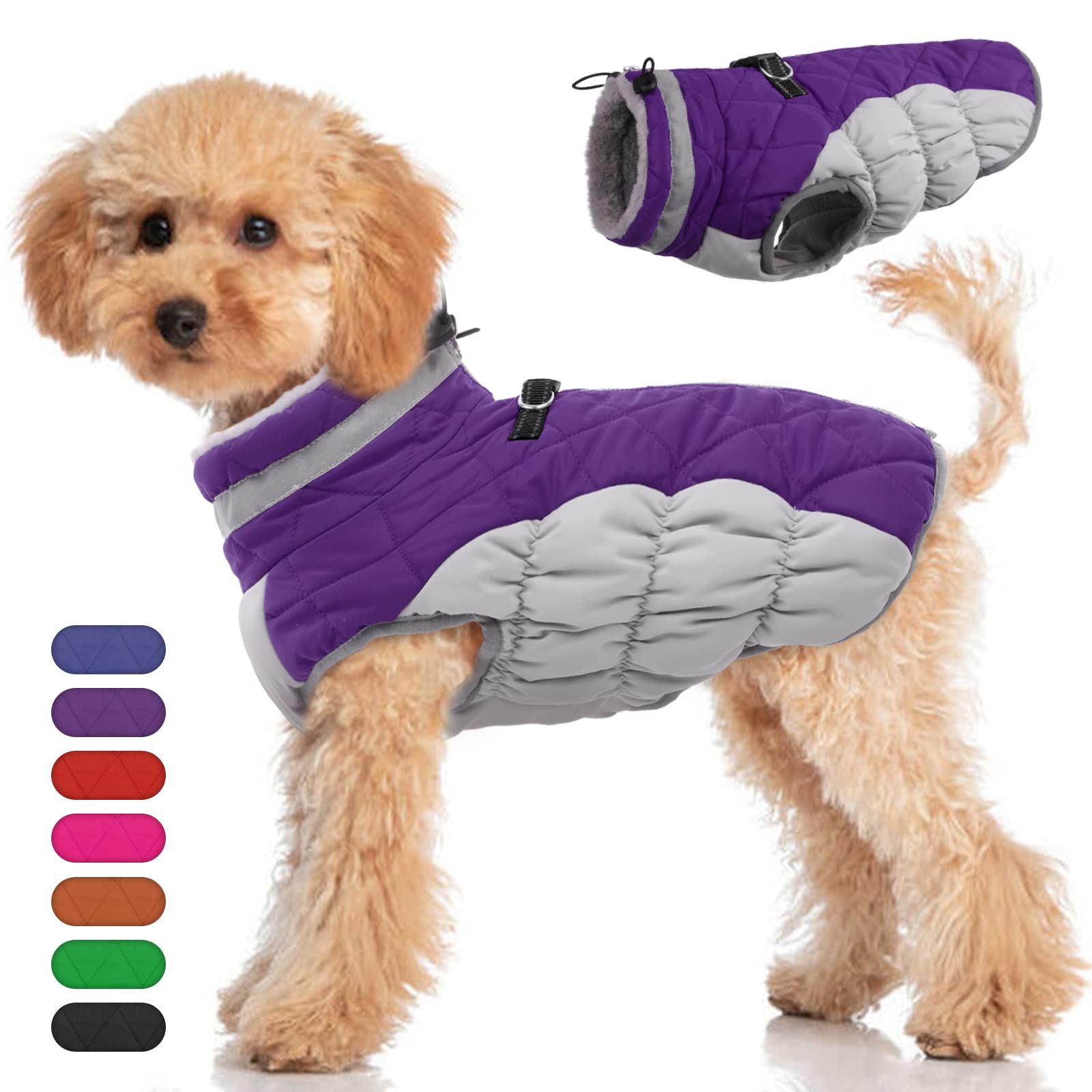 Waterproof Winter Dog Jacket with Back Zipper & Built-in Harness - Warm Fleece Lined Snow Coat for French Bulldog & Shiba Inu - Purple Large Size - Perfect for Cold Weather Walks & Outdoor Adventures