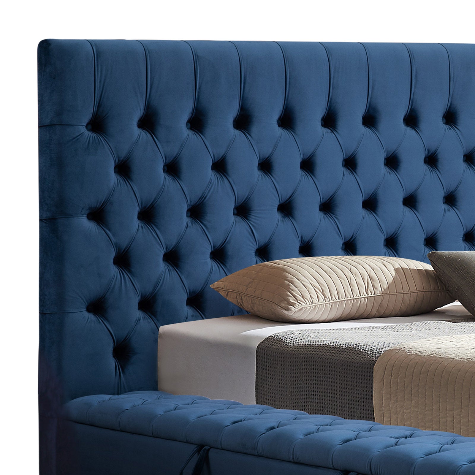 Luxury Anna Queen Size Bed Frame with Velvet Upholstery in Deep Blue - Elegant Bedroom Furniture for Master Suite & Guest Room Decor