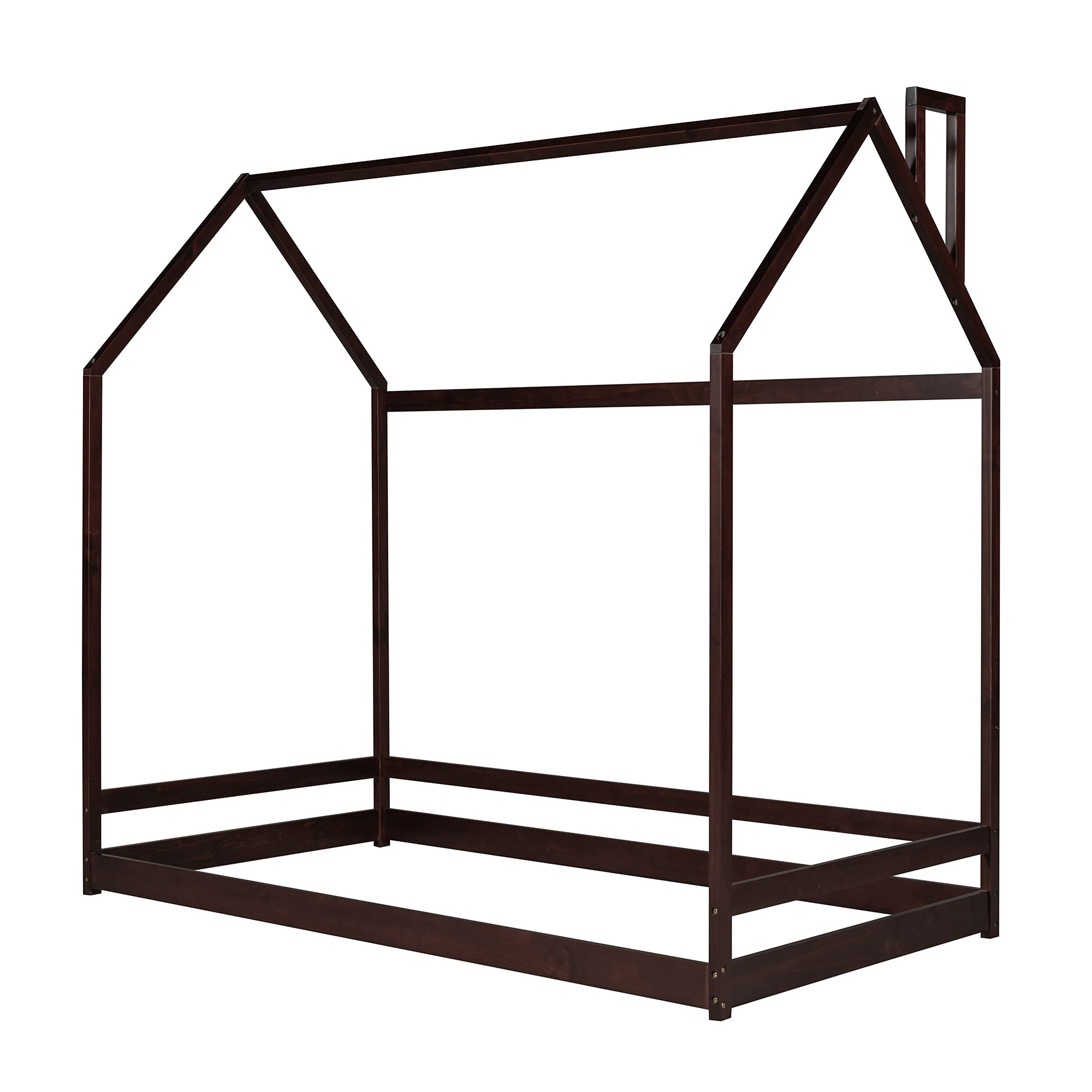 Twin Size Wooden Playhouse Canopy Bed Frame for Kids - House Design with Tent, Low Floor Height in Espresso Finish | Perfect for Bedrooms, Playrooms & Sleepovers