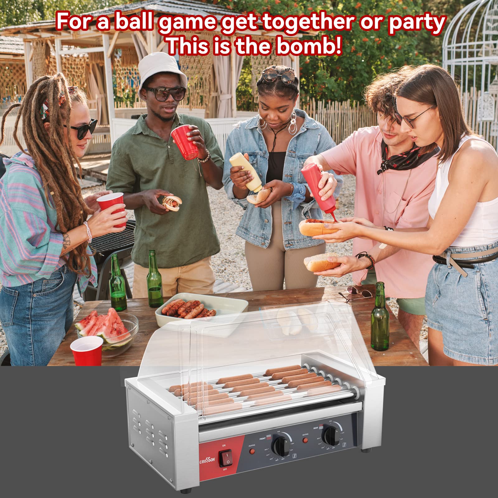 Commercial Hot Dog Cooker Machine - 7 Roller Grill with Transparent Sneeze Guard, Nonstick 304 Stainless Steel Rollers & Dual Temperature Control (120V, 1050W) for Restaurants, Food Trucks, and Convenience Stores