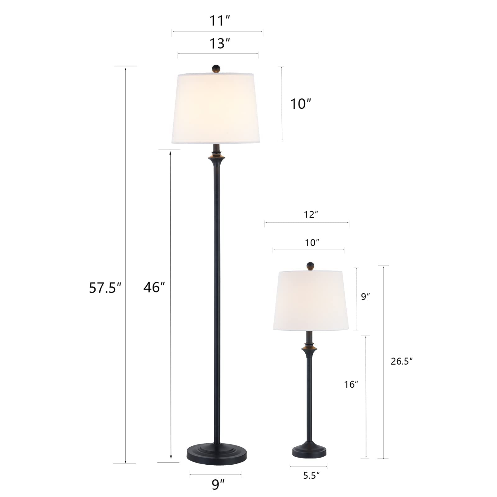 Maxax 3-Piece Traditional Lamp Set - Black Buffet Table Lamps & Floor Lamp with White Fabric Shades for Living Room, Bedroom, Study | Home Decor Lighting for Cozy Ambiance