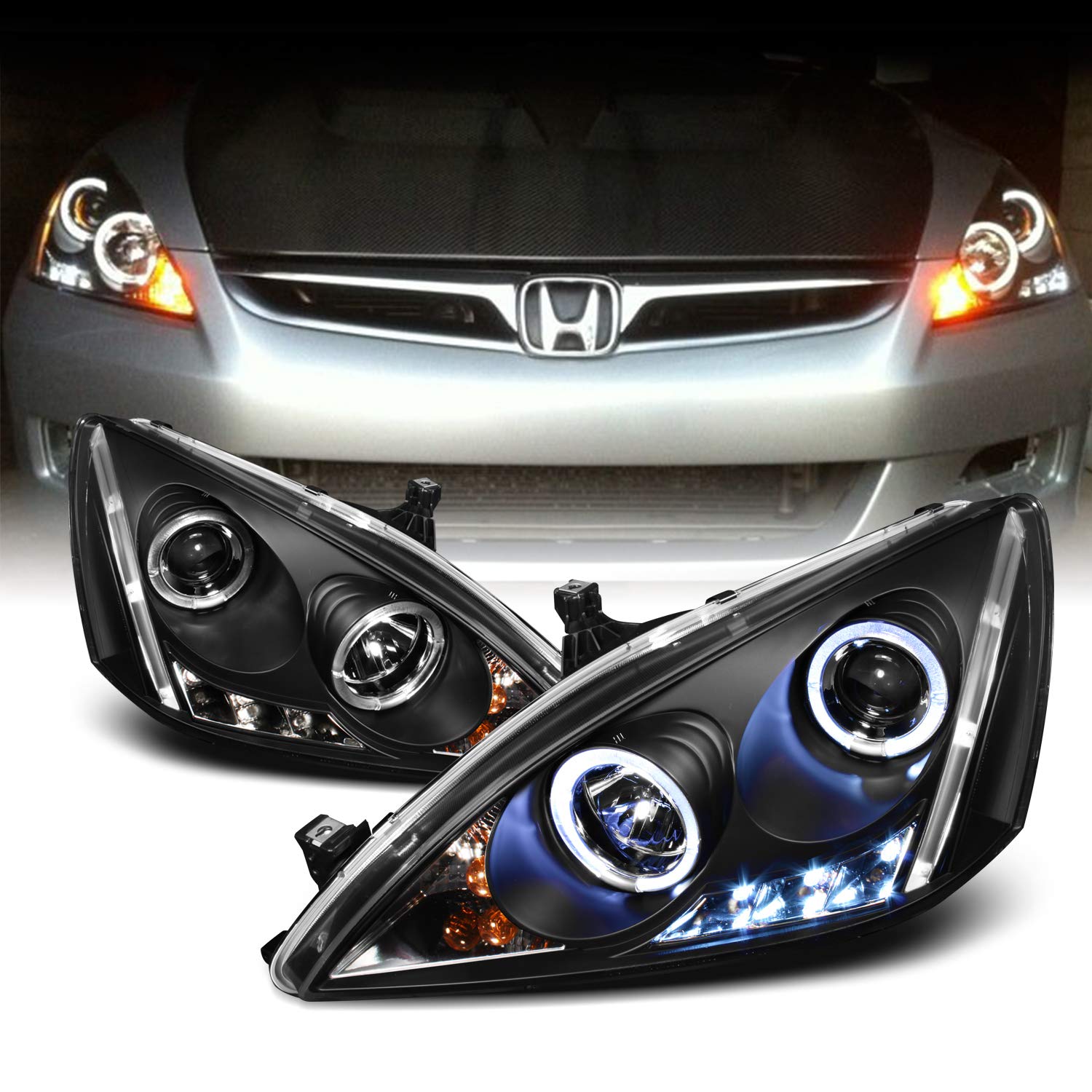 AKKON Black Bezel Dual Halo Ring DRL LED Projector Headlights for Honda Accord - Replacement Front Lamps Pair for Enhanced Night Driving & Style Upgrade