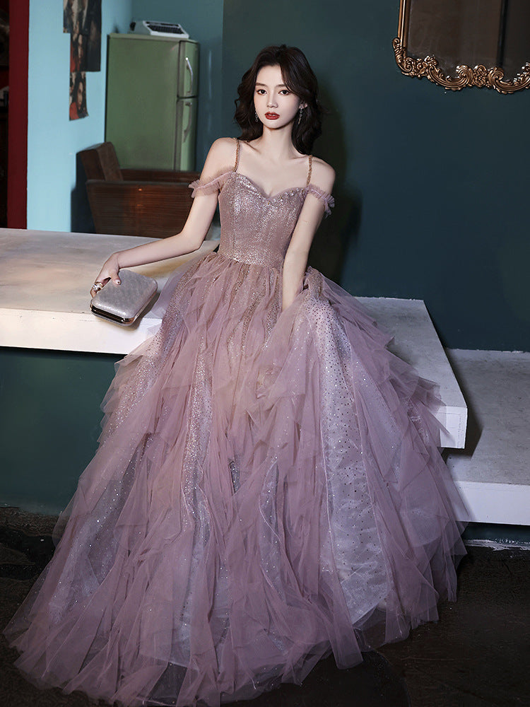 Elegant Pink Fairy Long Evening Dress with Spaghetti Straps - Formal Gown for Women Size 170 - Perfect for Prom, Wedding Guest & Special Occasions