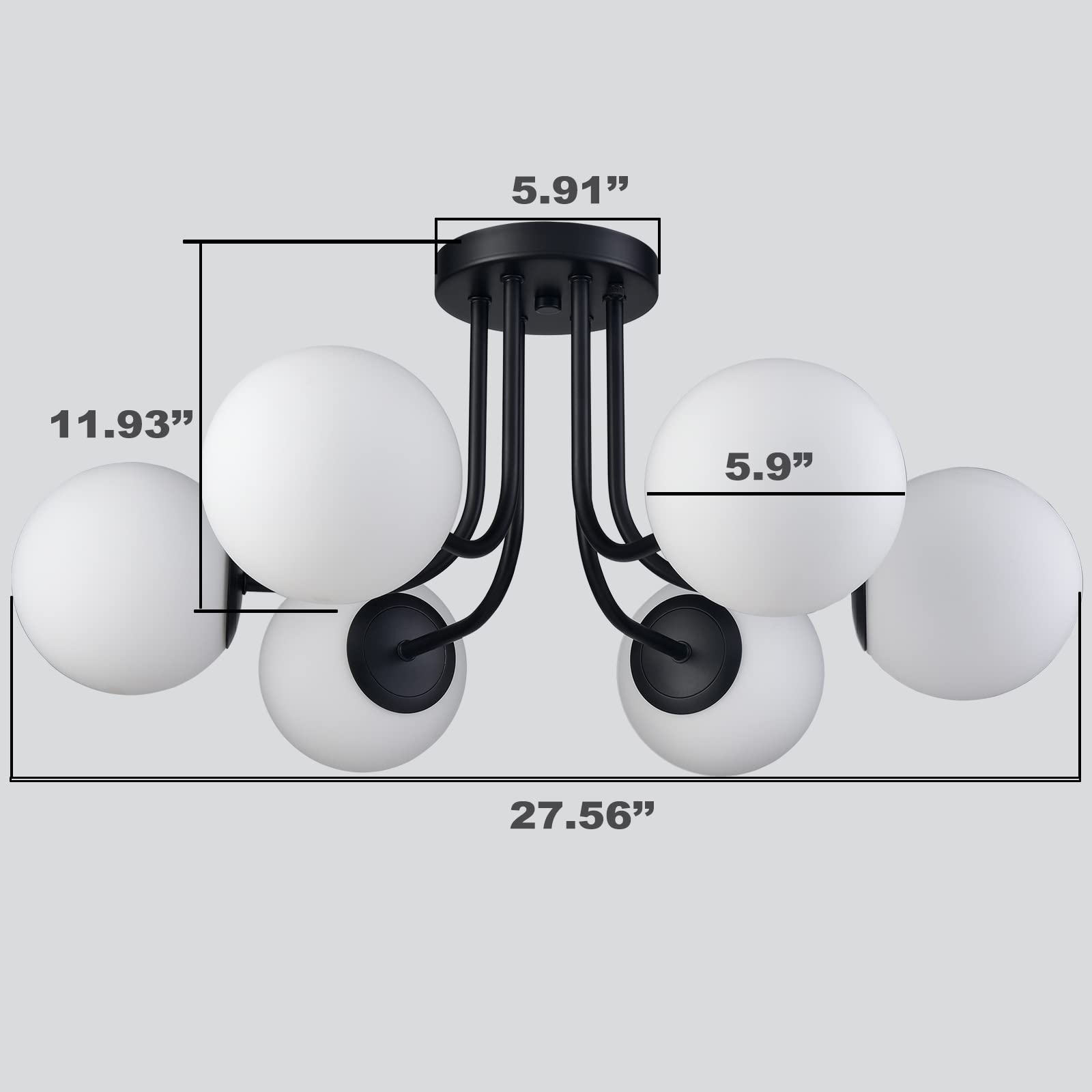 Modern 6-Light Black Metal Ceiling Light Fixture with White Glass Globe Shades - Semi Flush Mount Sputnik Chandelier for Living Room, Bedroom, Dining Room & Hallway - Perfect for Modern Home Decor & Ambient Lighting