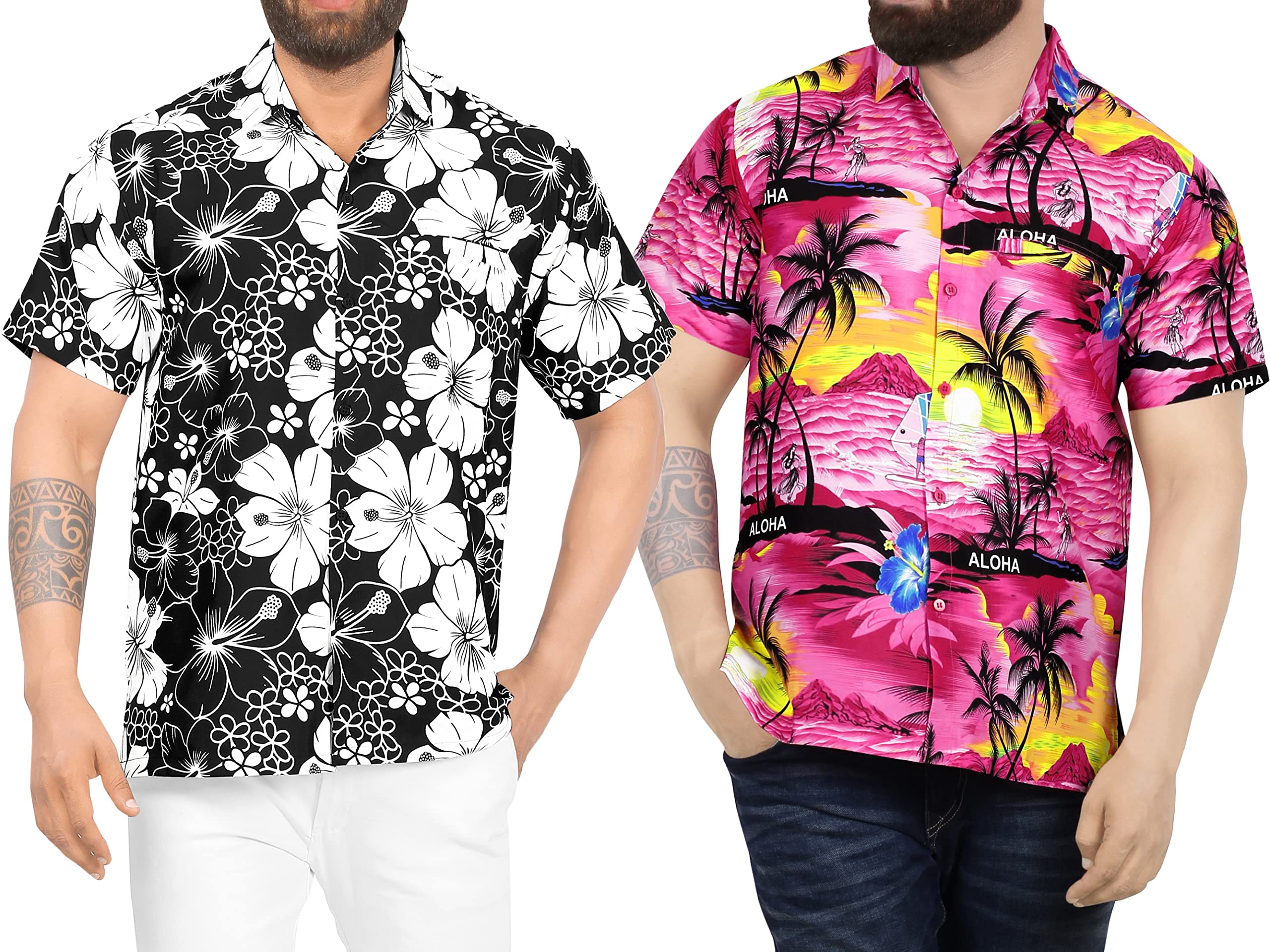 LA LEELA Men's Hawaiian Shirts - Short Sleeve Casual Beach Shirt for Summer, Camping & Vacation - Hippie Style Floral Print (Black & Pink) | Perfect for Beach Parties, Luaus & Tropical Getaways