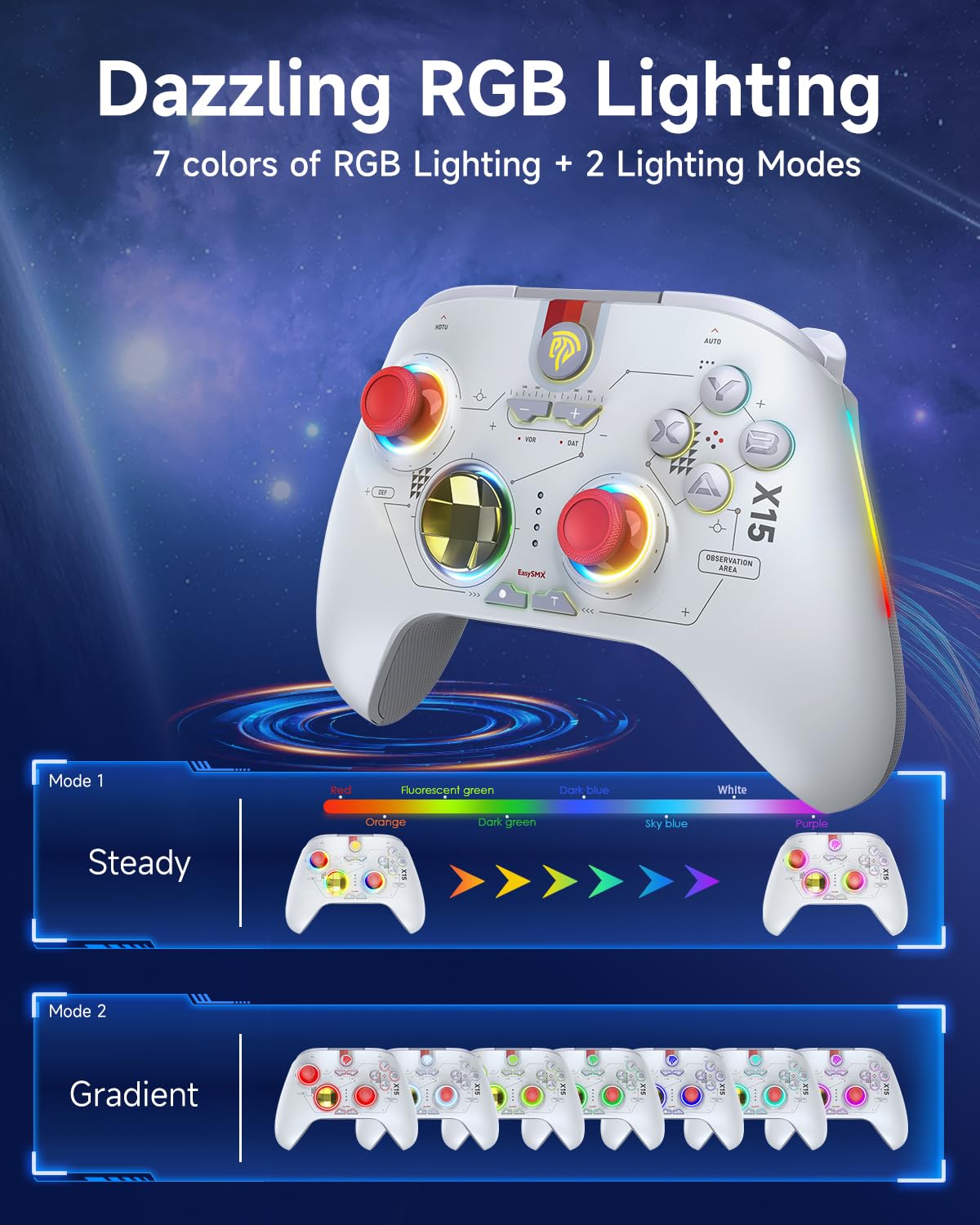 Wireless RGB Backlit PC & Switch Controller - EasySMX X15 Gamepad for Mobile, Android, iOS, TV Box & Tesla - Starry Sky Design - Perfect for Gaming on PC, Switch, Phone & Tesla Screen Entertainment