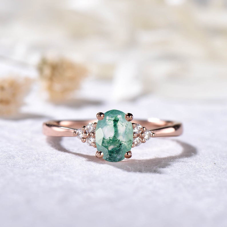 Natural Moss Agate Rose Gold Wedding Band for Women - Elegant Oval Engagement Ring & Anniversary Jewelry Gift for Brides, Wives & Couples (Perfect for Weddings, Proposals & Romantic Occasions)