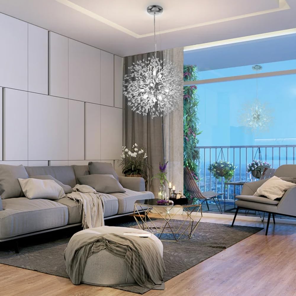 Modern Firework Chrome Crystal Chandelier - 12-Light Sputnik Dandelion Pendant Lighting Fixture for Dining Room, Living Room, Bedroom, Kitchen & Restaurant | Elegant Ceiling Decor for Home, Hotel and Commercial Spaces