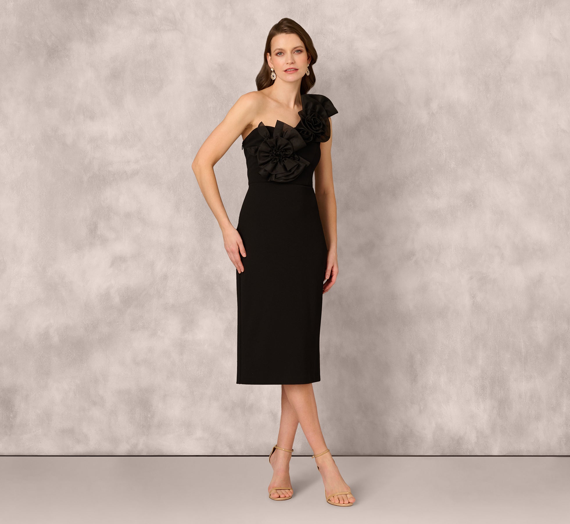 Elegant One Shoulder Rosette Midi Sheath Dress in Black - Perfect for Cocktail Parties, Evening Events & Special Occasions