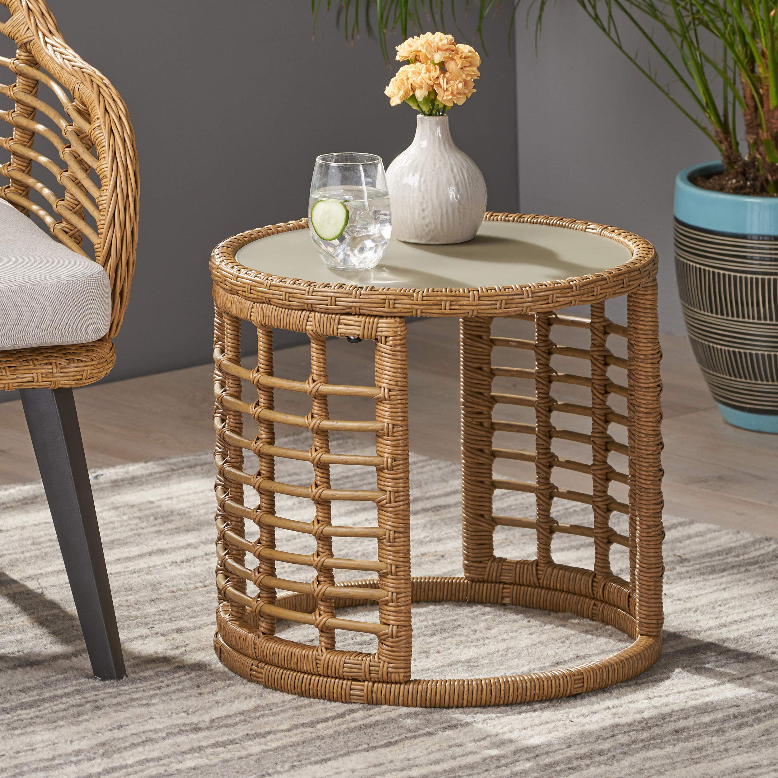 Modern Boho Wicker Side Table with Tempered Glass Top - Light Brown Indoor Furniture for Living Room, Bedroom & Patio Decor