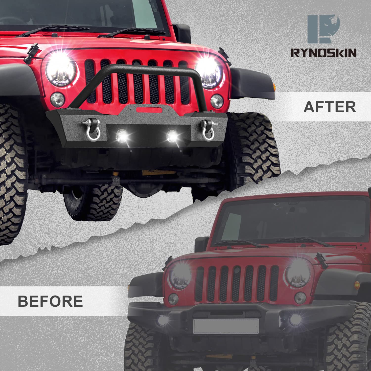 RYNOSKIN Heavy Duty Stubby Front Bumper for 2007-2018 Jeep Wrangler JK, 2018-2025 JL & 2020-2025 Gladiator (Excludes Rubicon/V8) | Fog Light Compatible with D-Ring Shackles | Off-Road Adventure & Trail Riding Upgrade