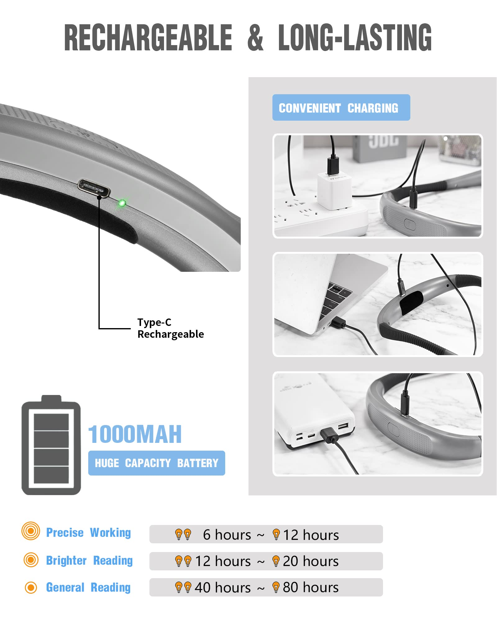 Glocusent Adjustable Book Light with Bendable Neck - Rechargeable Reading Light for Bed, Study, Travel - Perfect Gift for Book Lovers & Night Readers