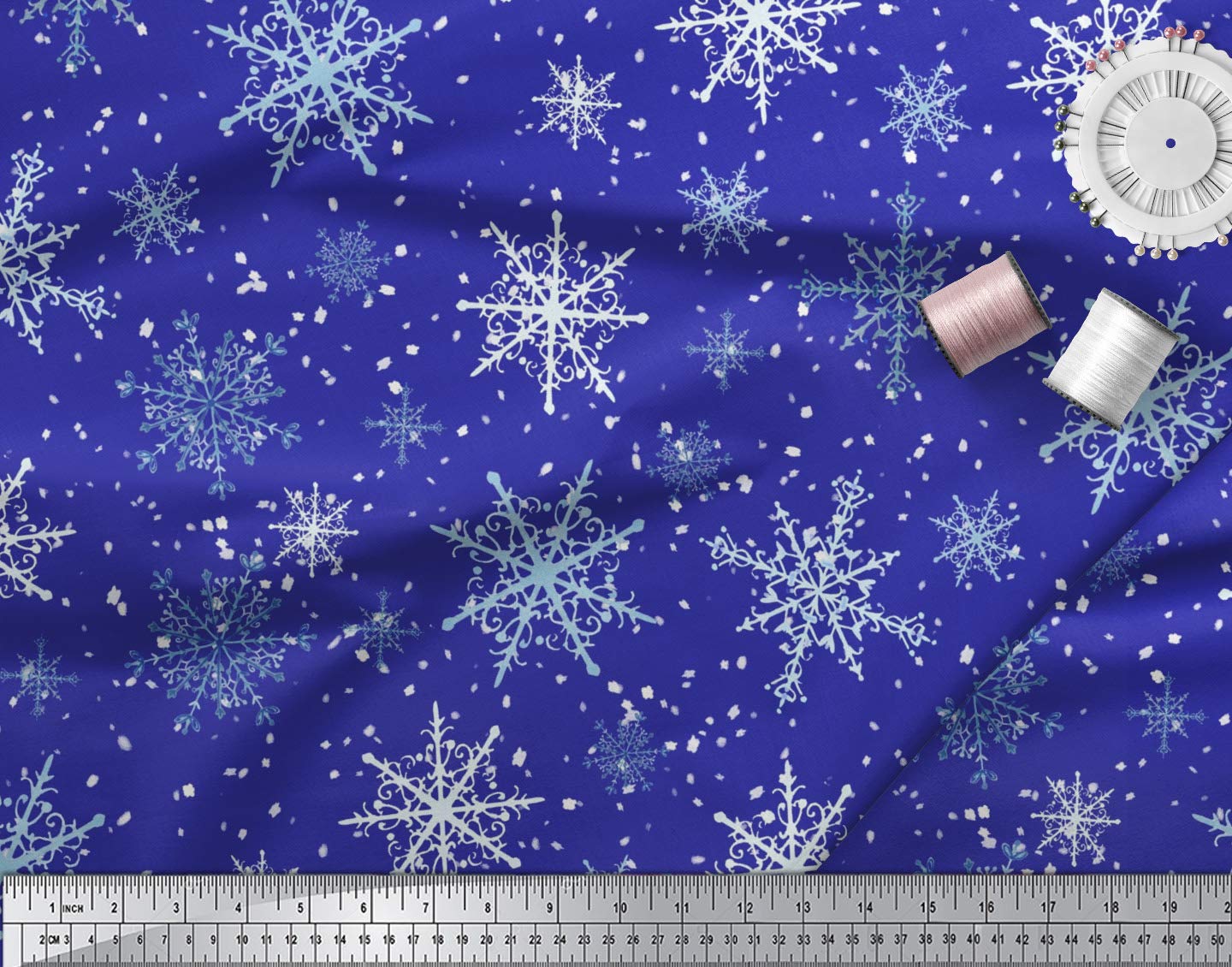 Soimoi Moss Georgette Blue Fabric by The Yard - 42 Inch Wide Printed Fabric with Snowflakes & Stars Pattern - Winter Whimsy Design for Dresses, Scarves, Home Decor & DIY Craft Projects