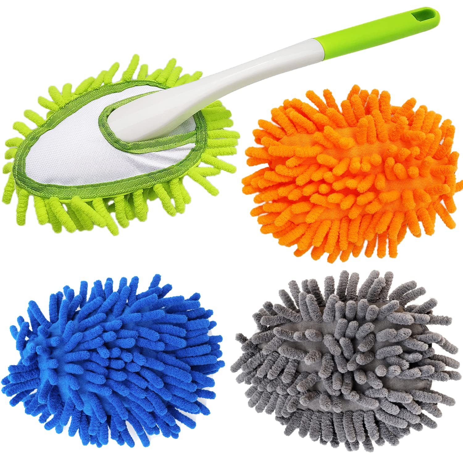 13 Inch Microfiber Feather Duster with 4 Washable Heads - Car, Home & Office Cleaning Tool for Windows, Tables, Furniture, Walls, Fans & Screens - Ideal for Dusting Hard-to-Reach Areas & Delicate Surfaces