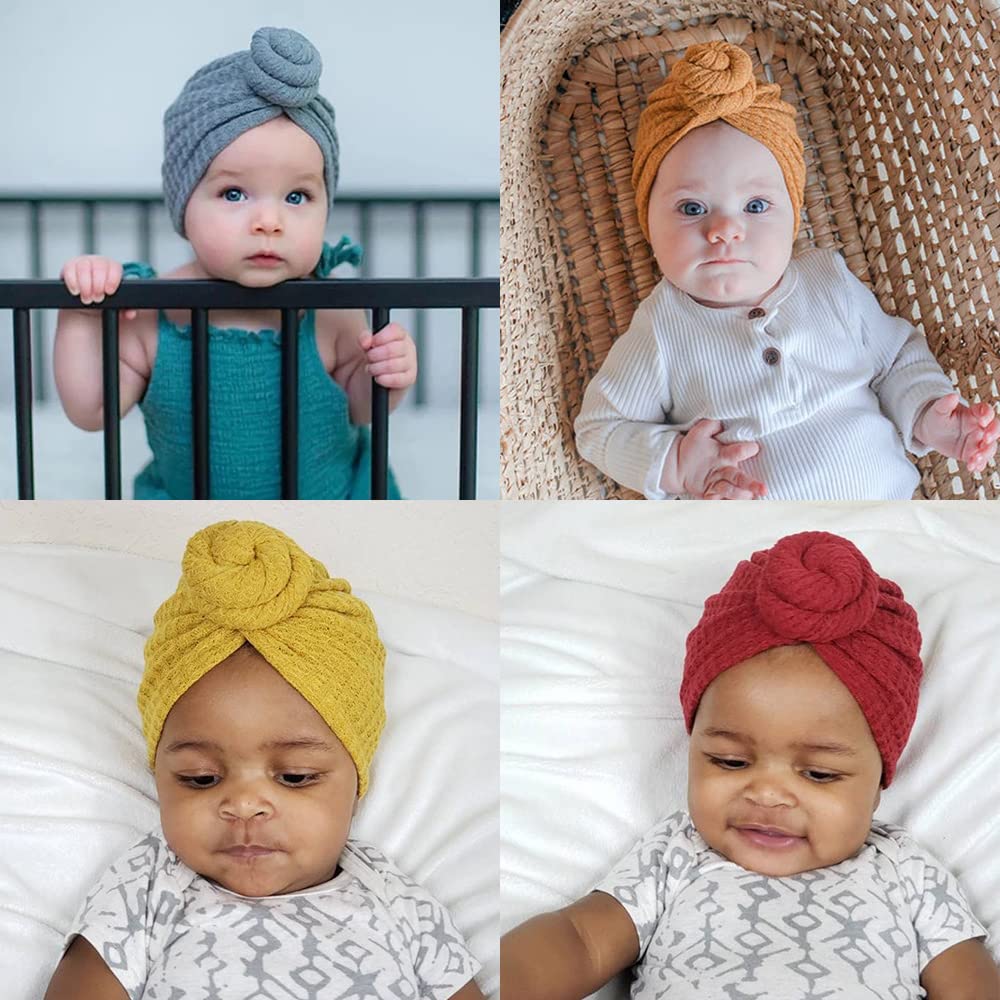 JIAHANG Baby Donut Knotted Bow Hat - Soft Waffle Knit Turban Head Wrap - Unisex Infant Toddler Beanie Cap (6-Pack) - Perfect for Newborn Photos, Baby Showers & Everyday Outfits