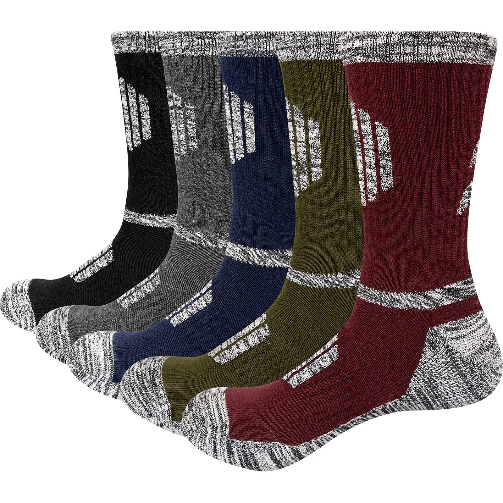 YUEDGE 5 Pairs Men's Hiking Socks - Performance Sports Crew Socks with Cushioning & Breathable Cotton - Sizes 6-13 for Outdoor Activities, Running & Trekking