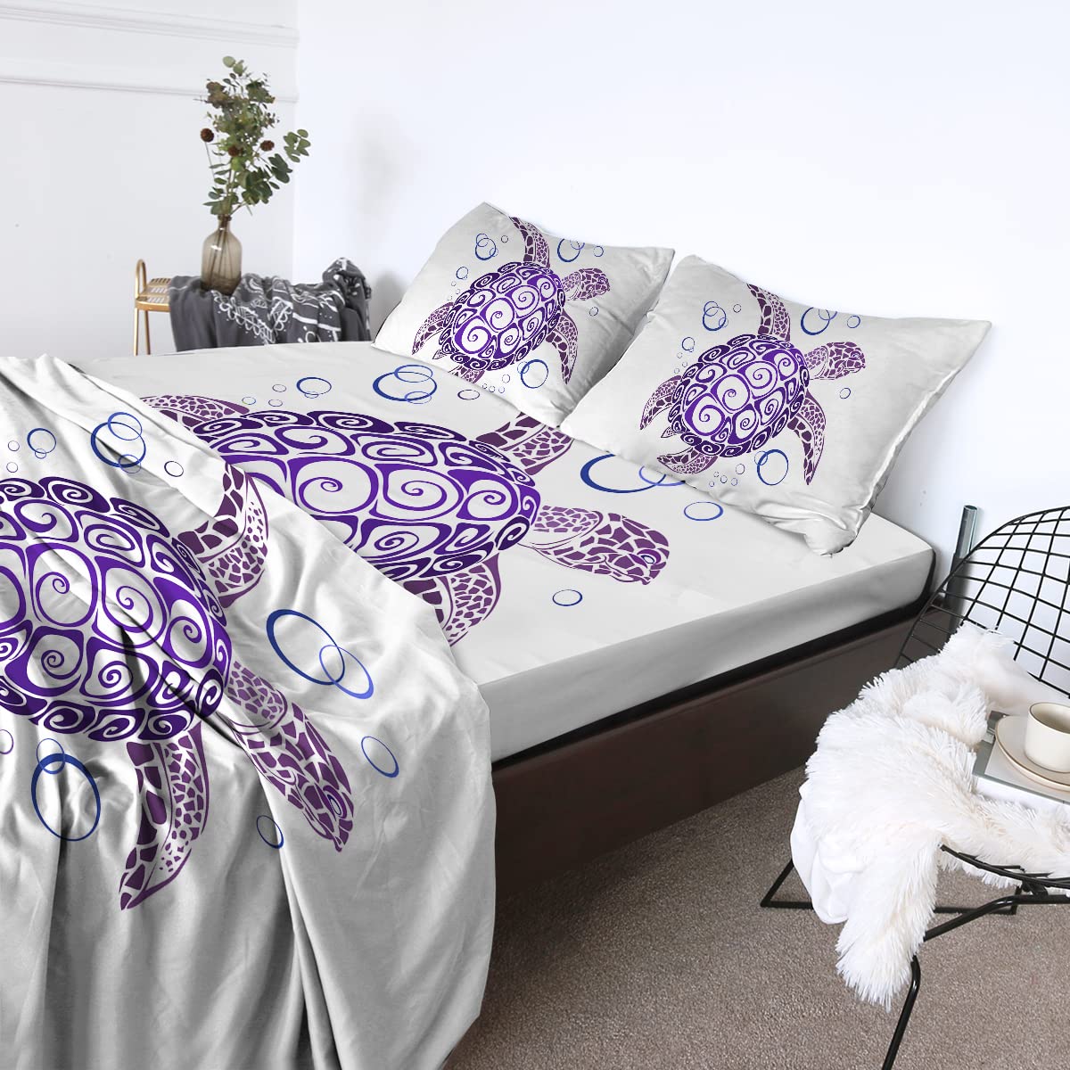 BlessLiving King Size Sheet Set - 4 Piece Purple Sea Turtle Bedding with Tropical Design | Includes Flat Sheet, Fitted Sheet & 2 Pillowcases | Soft & Breathable for Ultimate Comfort | Perfect for Beach Themed Bedrooms, Guest Rooms & Vacation Homes