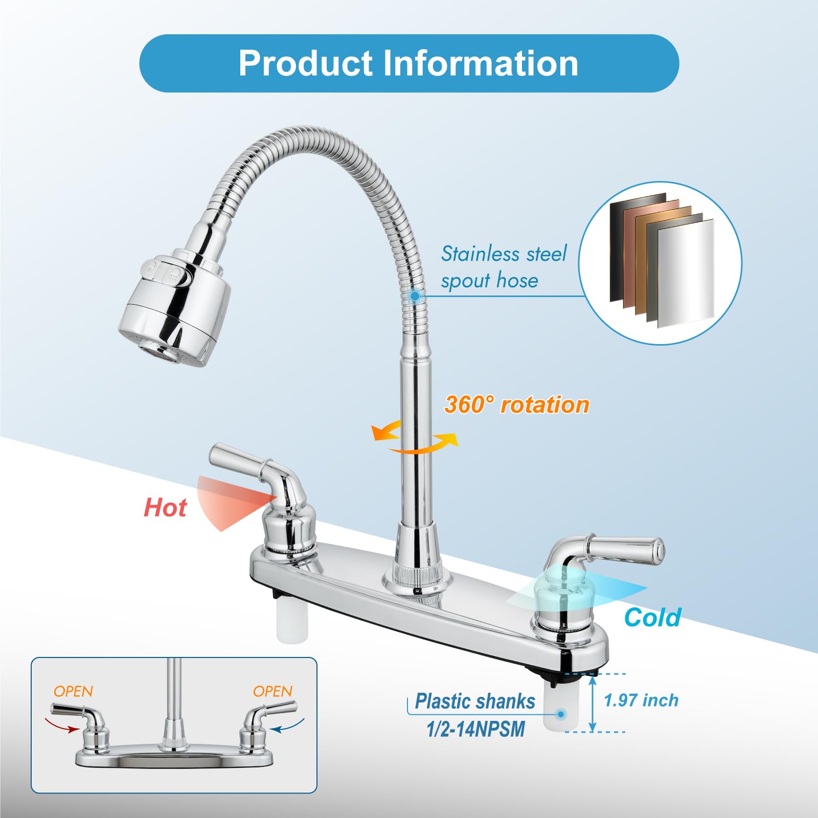360° Swivel RV Kitchen Faucet - 8 Inch Deck Mount Camper Sink Faucet with Flexible Spout, Polished Chrome Water Mixer Tap for Motorhome, Travel Trailer & Tiny House (Perfect for Outdoor Cooking & Compact Spaces)