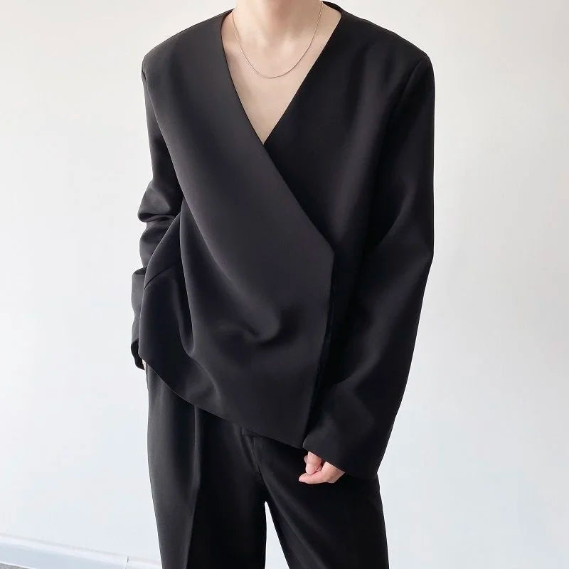 2023 Trendy Black Oversized Asymmetric Collarless Suit Jacket for Men - Stylish Autumn Personality Coat with Single Breasted Design Y9248 | Perfect for Casual Outings, Office Wear & Fashion Events