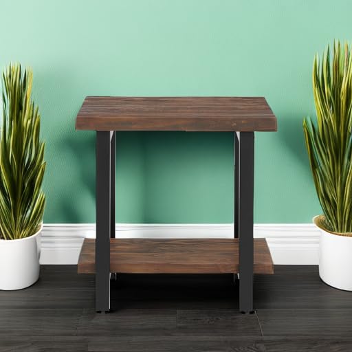 Alaterre Pomona Rustic End Table - Natural Finish Metal & Wood Side Table for Living Room | Handcrafted Home Decor Accent Stand with Solid Wood & Metal Design | Perfect for Coffee Table Companion, Bedroom Nightstand or Entryway Decor