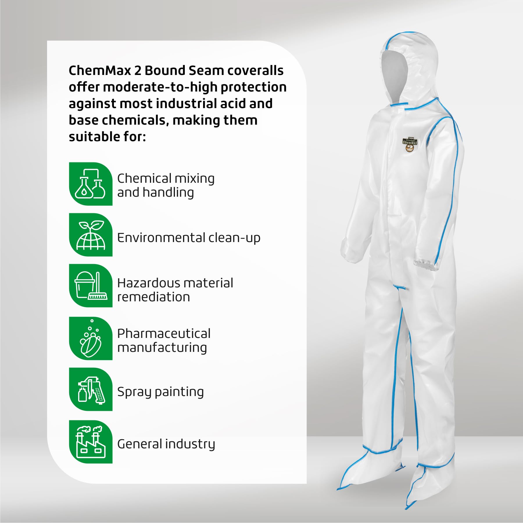 Lakeland ChemMax 2 Bound Seam Disposable Coverall with Hood & Boots - White Protective Suit (12-Pack) | Chemical Resistant Full Body Cover for Industrial Safety & Hazardous Work Environments