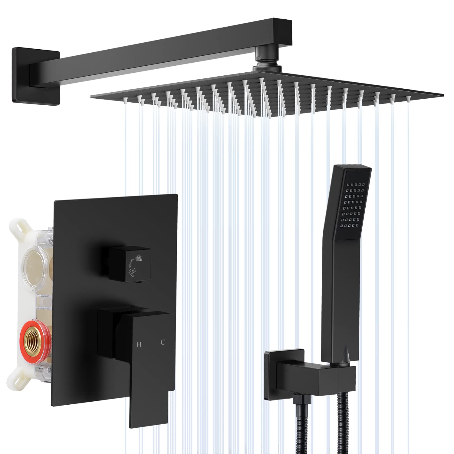 Premium Matte Black 12 Inch Rainfall Shower Head Set - Luxury Square Handheld Shower Combo with Wall Mount for Modern Bathroom | Perfect for Spa-Like Relaxation & Water Saving