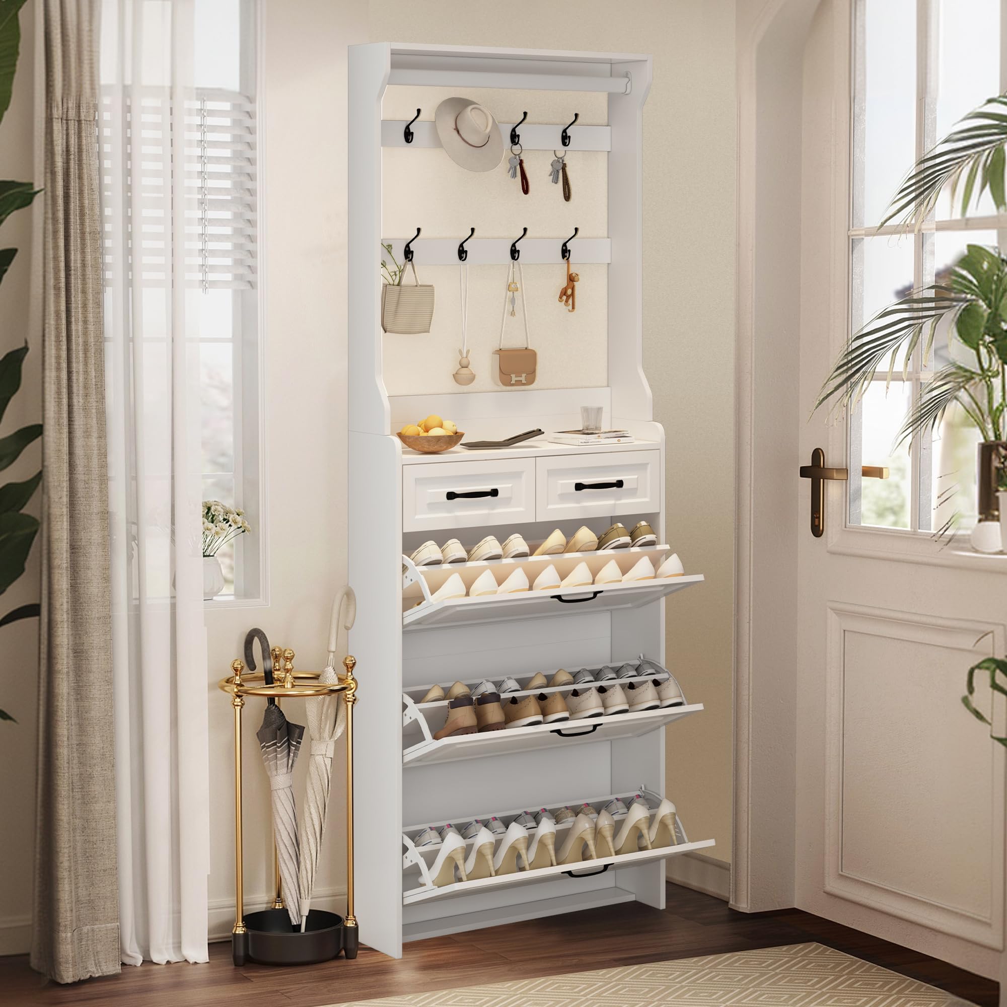 Olela Slim Shoe Cabinet for Entryway - Narrow Hidden Shoe Rack Organizer with Open Shelves, 8 Hooks & 3 Flip Drawers - Freestanding Storage for Hallway, Closet or Bedroom - Perfect for Small Spaces & Apartment Living