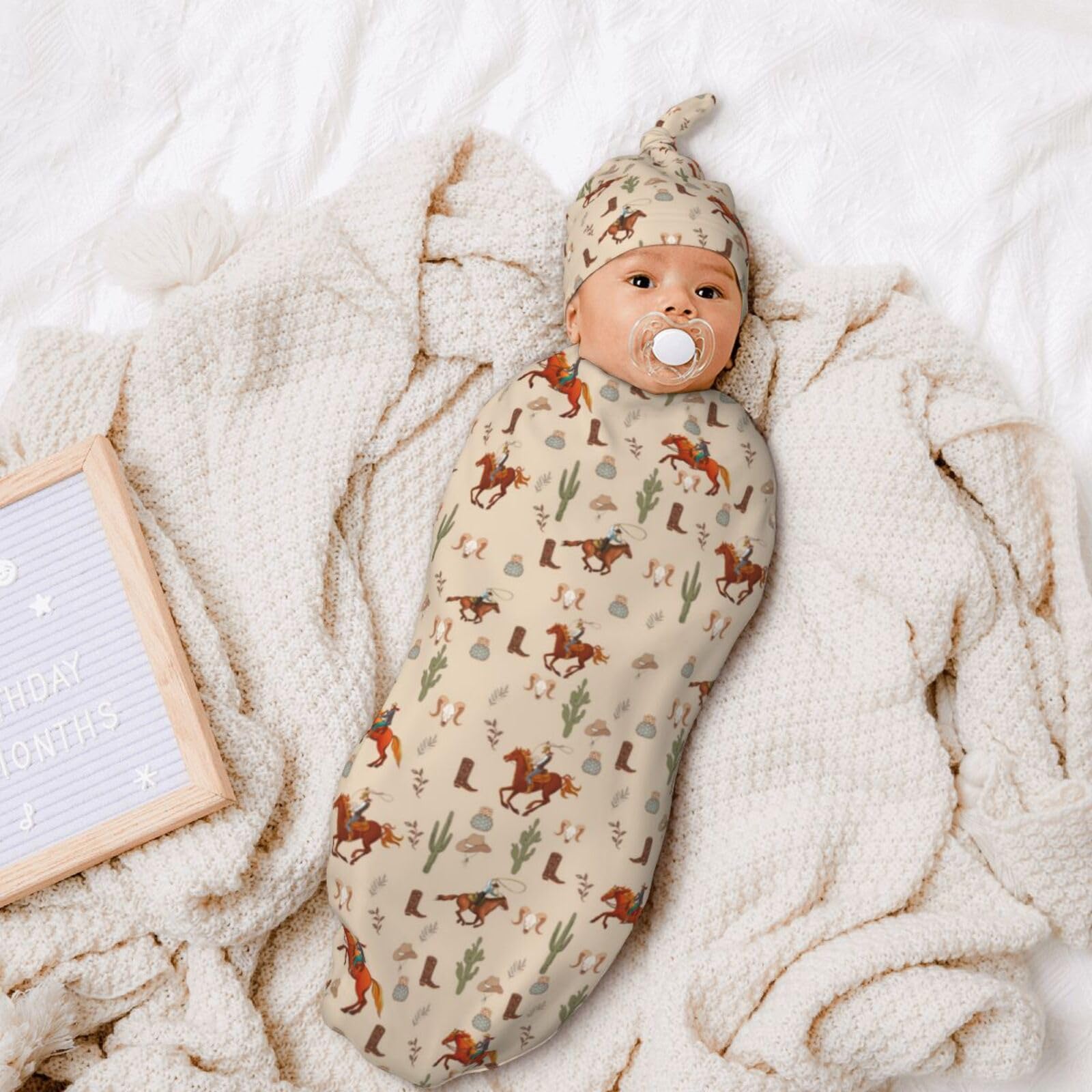 Western Swaddle Blanket for Baby - Soft Cotton Swaddling Sleeping Sacks with Hat | Unisex Newborn Essentials for Nursery, Travel & Photo Shoots | Perfect Baby Shower Gift