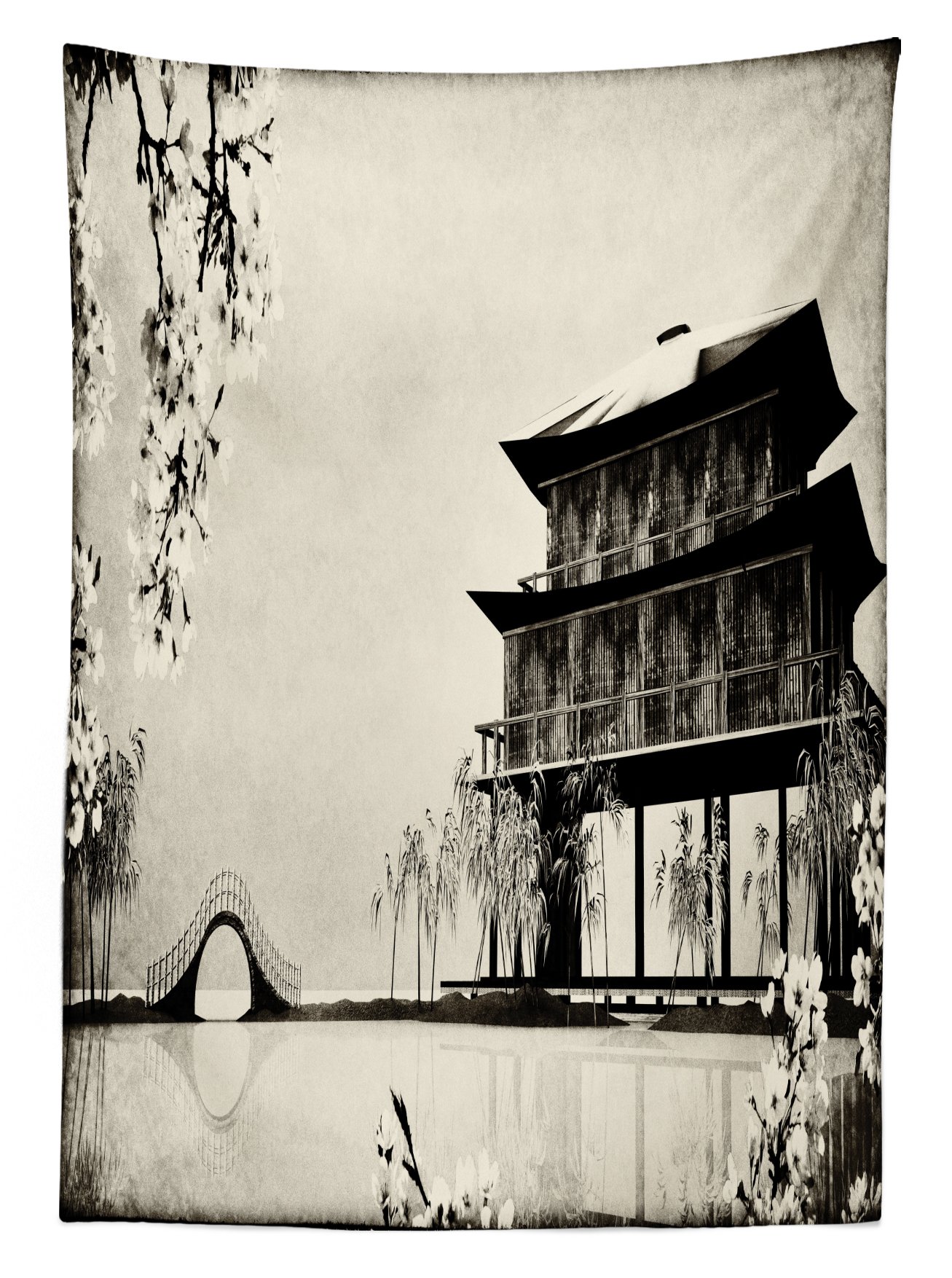 Ambesonne Japanese Traditional Ink Painting Tablecloth - Far Eastern Landscape with Nature and House Design, Washable & Durable 58x84 Inch Picnic Table Cover for Outdoor Dining, Parties, and Home Decor (Black Beige)