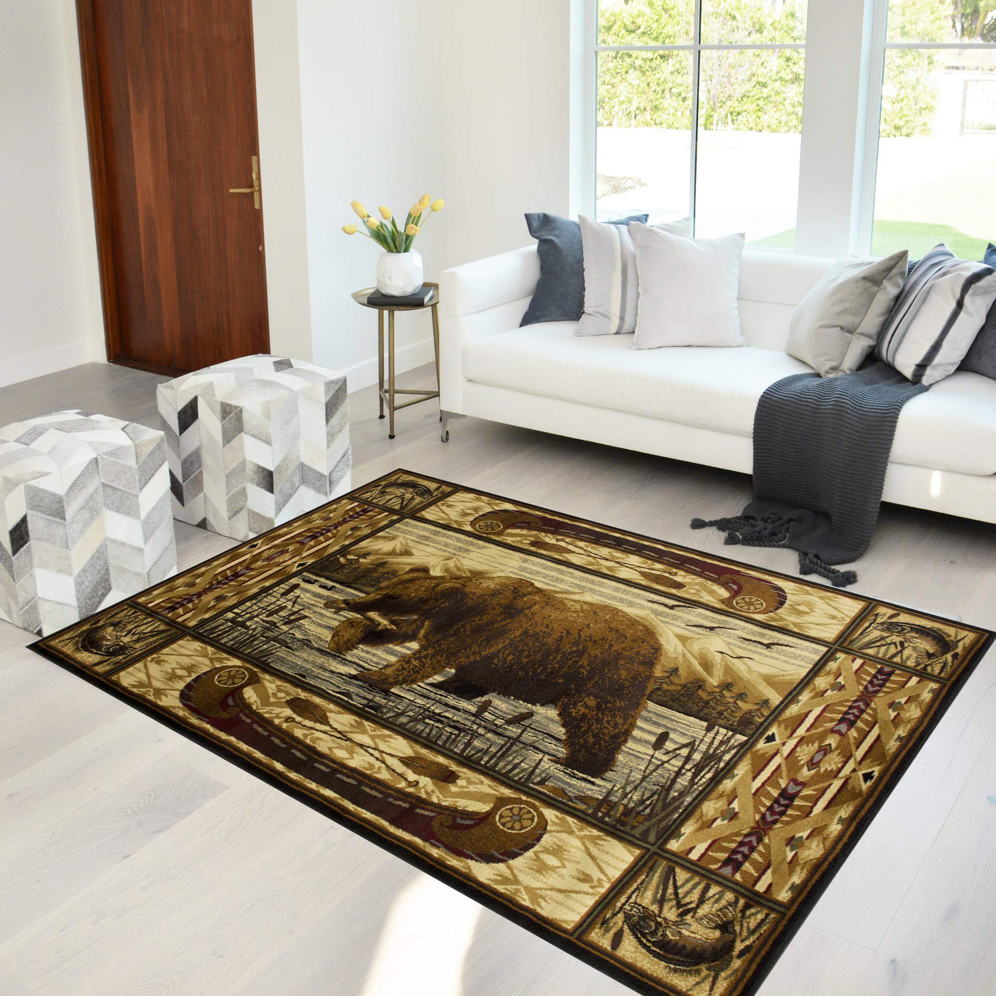 Modern Geometric Southwestern Cabin Rug - Abstract Beige & Multicolor Design with Bear, Hunting, Fish & Kayak Motifs - Perfect for Cabins, Hunting Lodges & Rustic Home Decor