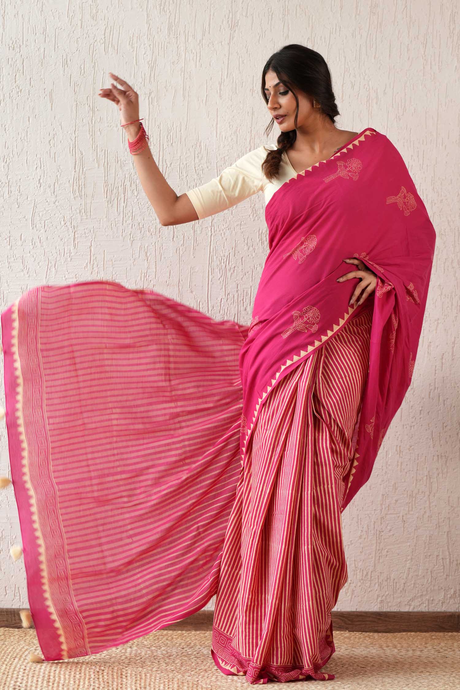 Serene Meadows Hand Block Printed Mulmul Cotton Saree - Elegant Traditional Indian Saree for Women, Perfect for Weddings, Parties & Festive Occasions