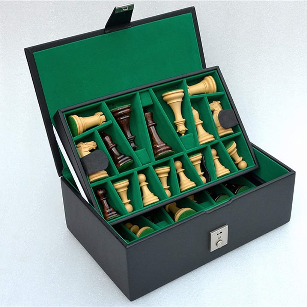 Premium Leather Chess Piece Storage Box - Black Travel Organizer with 34 Slots for 4-4.25in King Chess Pieces | Portable Chess Accessories Case for Tournament, Home & Travel | Perfect for Chess Enthusiasts, Club Games & On-the-Go Play