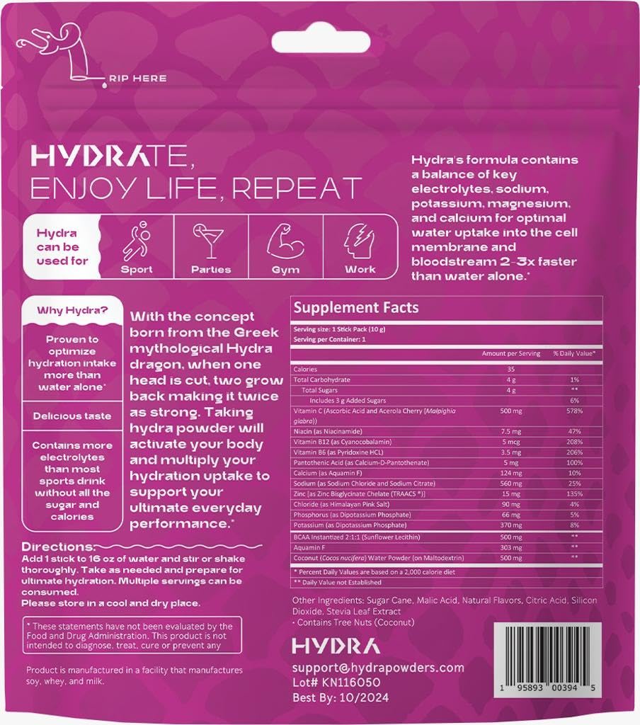 Hydra Powder Electrolyte Powder Packets - Sports Hydration Drink Mix with Vitamins & Electrolytes - Low Sugar Passionfruit Flavor (16 Packets) - Perfect for Workout Recovery, Travel & Outdoor Activities