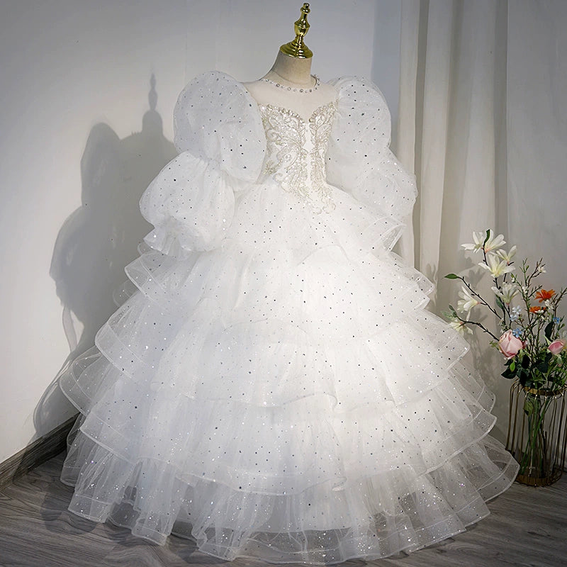 Princess Round Floor Length Tulle Flower Girl Dress in White - Perfect for Weddings, Baptisms & Special Occasions