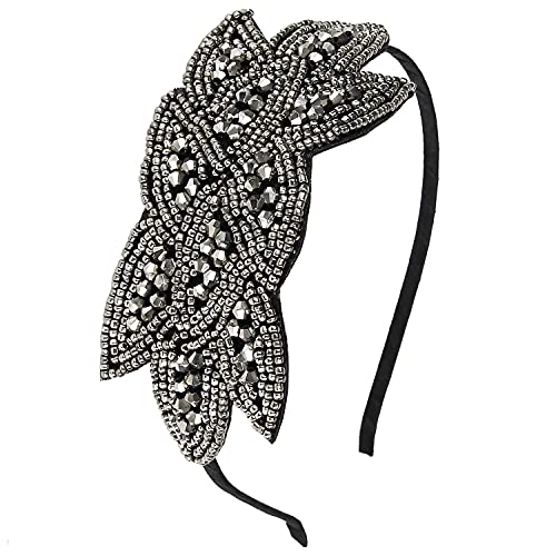 Vintage 1920s Crystal Headband for Women - Elegant Silver & Black Fascinator Headpiece for Wedding, Birthday Party, Gatsby Theme Events and Special Occasions