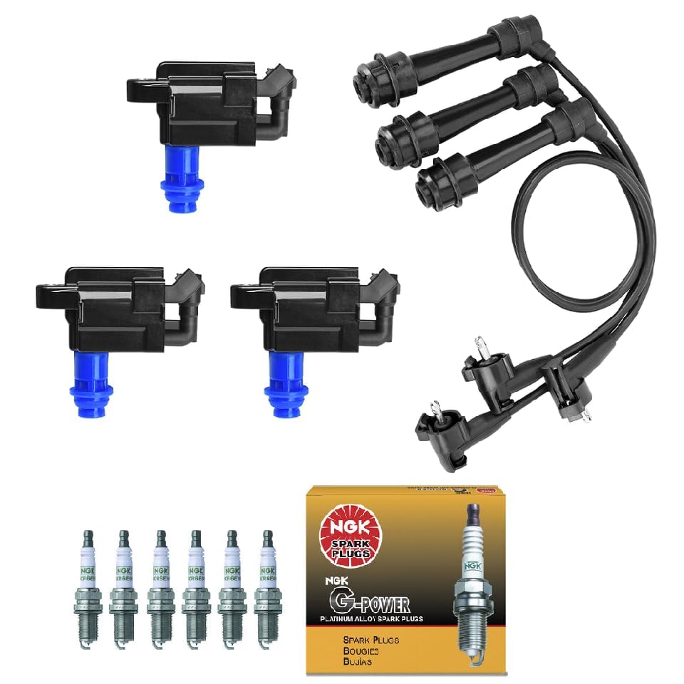 UF228 Ignition Coil Pack & NGK Spark Plug Wire Set - Compatible with Lexus IS300 GS300 & Toyota Supra L6 3.0L (1998-2005) - Replacement Set of 3 Coils & Plugs - Improve Engine Performance & Fuel Efficiency for Smooth Driving