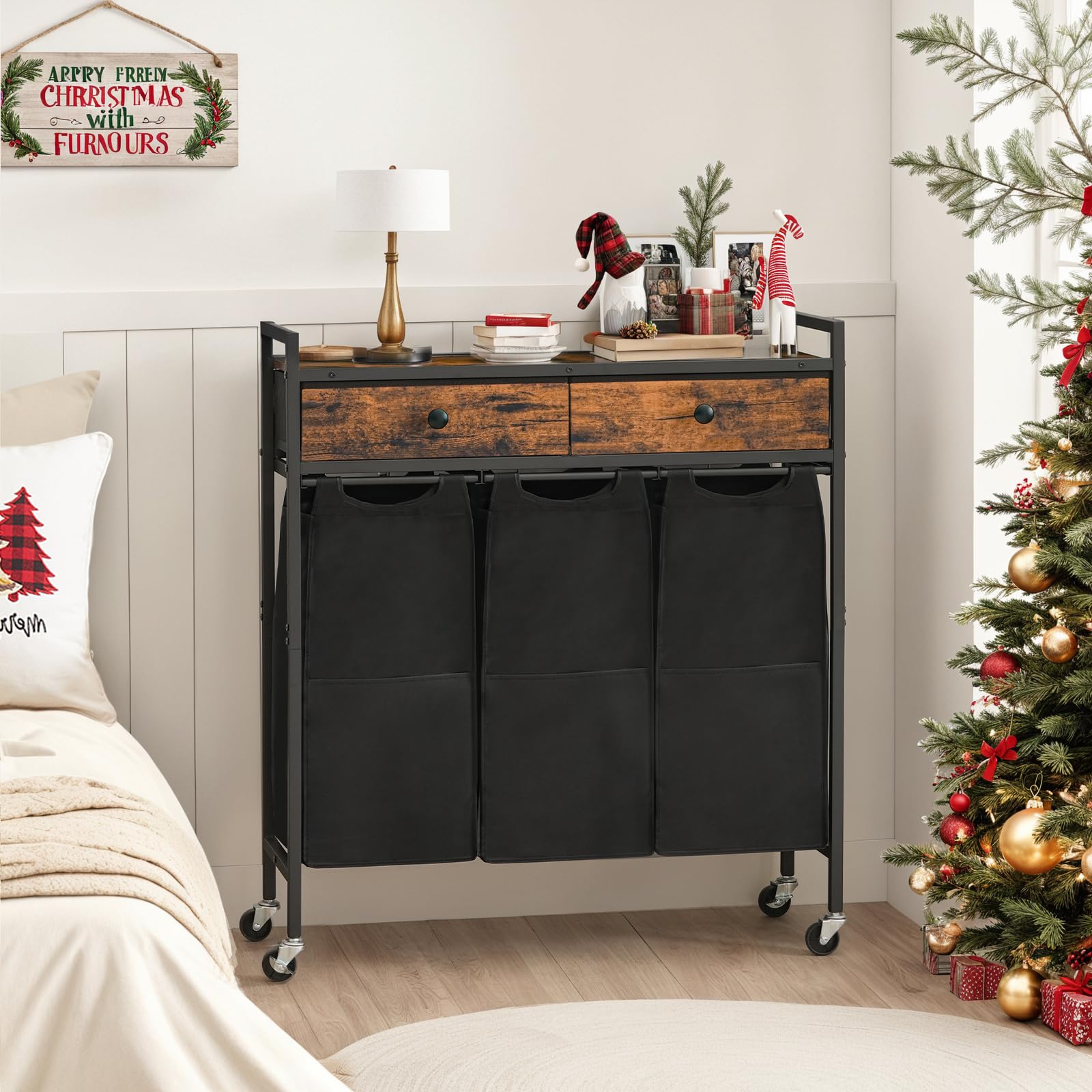 HOOBRO 3-Section Laundry Sorter Hamper with 2 Drawers & Removable Bags, 130L Rolling Laundry Basket for Bedroom, Bathroom, and Laundry Room Organization - Rustic Brown & Black (Model BF78XY01) | Perfect for Small Spaces, Apartments, and Home Organization