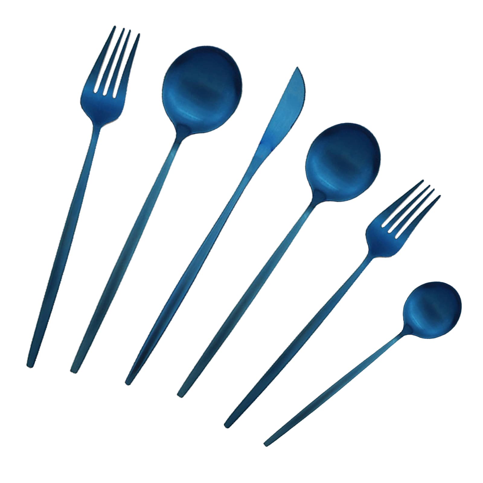 Matte Blue 36-Piece Stainless Steel Flatware Set - Satin Finish Silverware with Flat Handle, Service for 6 (Includes Coffee Spoon) - Elegant Dining Utensils for Restaurants, Weddings & Dinner Parties