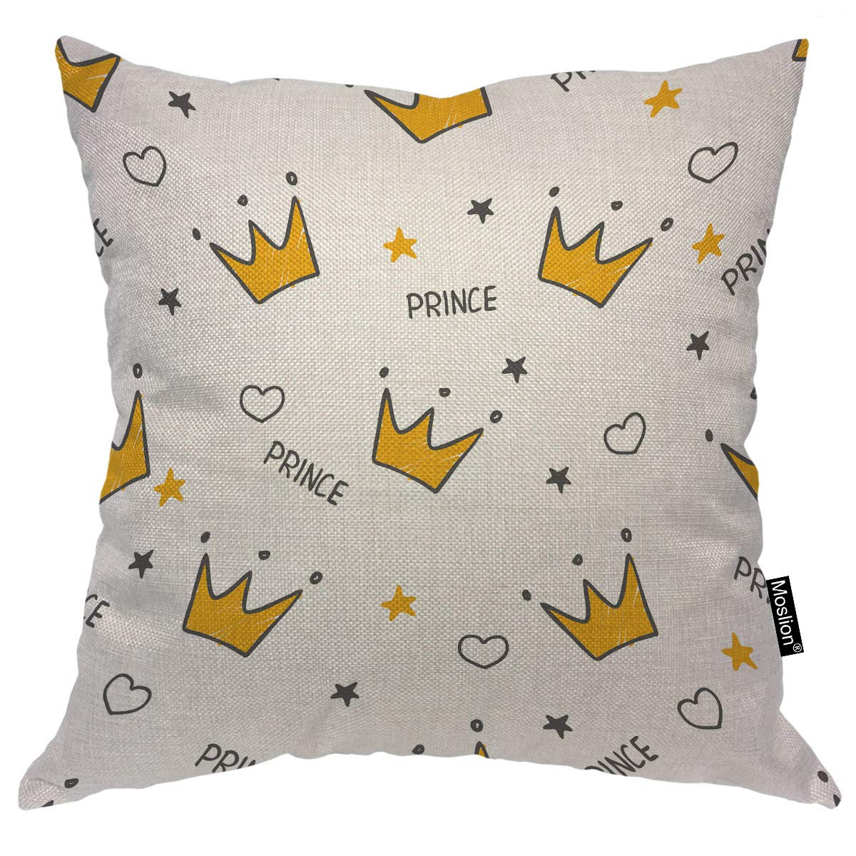 Moslion Crown Pillows - Cute Prince Crowns, Love Hearts & Stars Doodle Polka Dot Throw Pillow Cover - 18x18 Inch Square Decorative Cotton Linen Pillow Case - Yellow & White Accent Cushion for Bedroom, Living Room, Nursery Decor