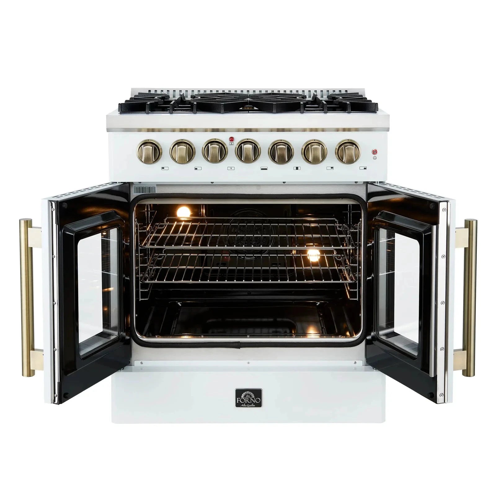 Forno Galiano 30-Inch French Door Dual Fuel Range - 5 Gas Burners & Electric Convection Oven in White with Antique Brass Trim (Model FFSGS6356 30WHT) - Perfect for Gourmet Cooking, Baking, and Entertaining in Modern Kitchens