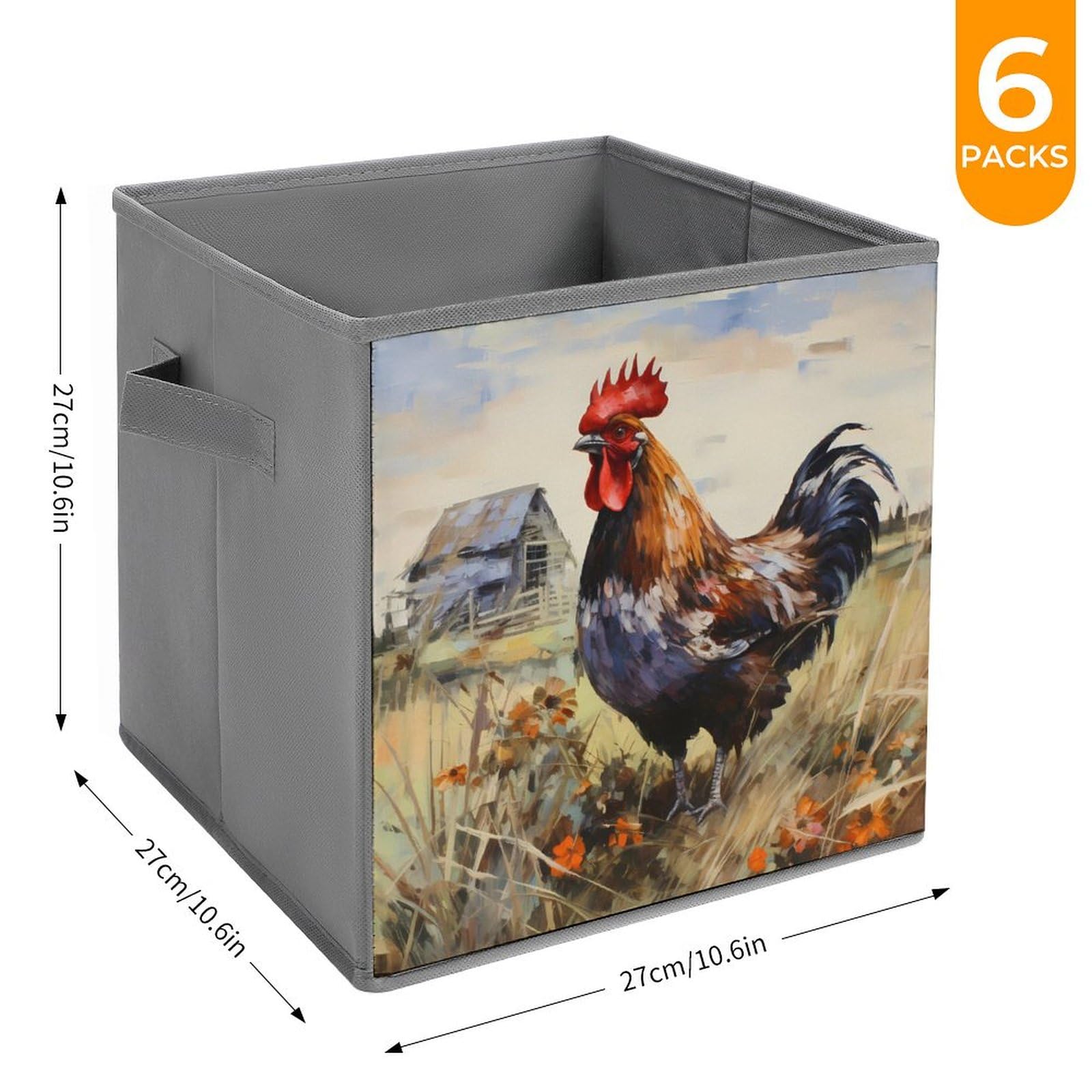 Foldable Storage Cubes with Handles - 6 Pack Watercolor Rooster Design Fabric Organizer Bins for Closet, Nursery, Office & Home Organization