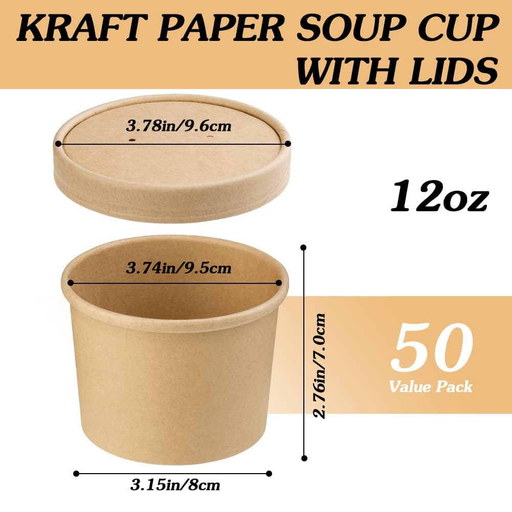 12 oz 50 Pack Disposable Paper Containers with Lids - Eco-Friendly Dessert Bowls for Hot & Cold Foods, Ice Cream, Yogurt, Fruit - Perfect for Parties, Catering, Takeout & Home Use