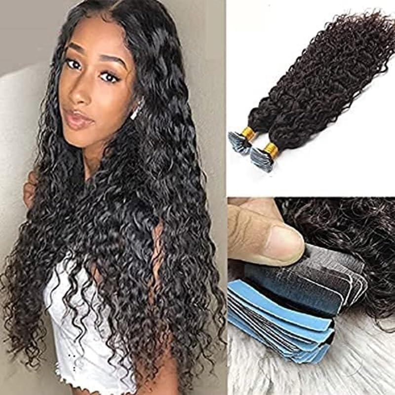 Brazilian Remy Human Hair Extensions - Loose Curly Tape in Hair Water Wave Skin Weft (Black/Brown #1#2#4) - 100g 40pcs (22inch) - Natural Look for Daily Wear & Special Occasions