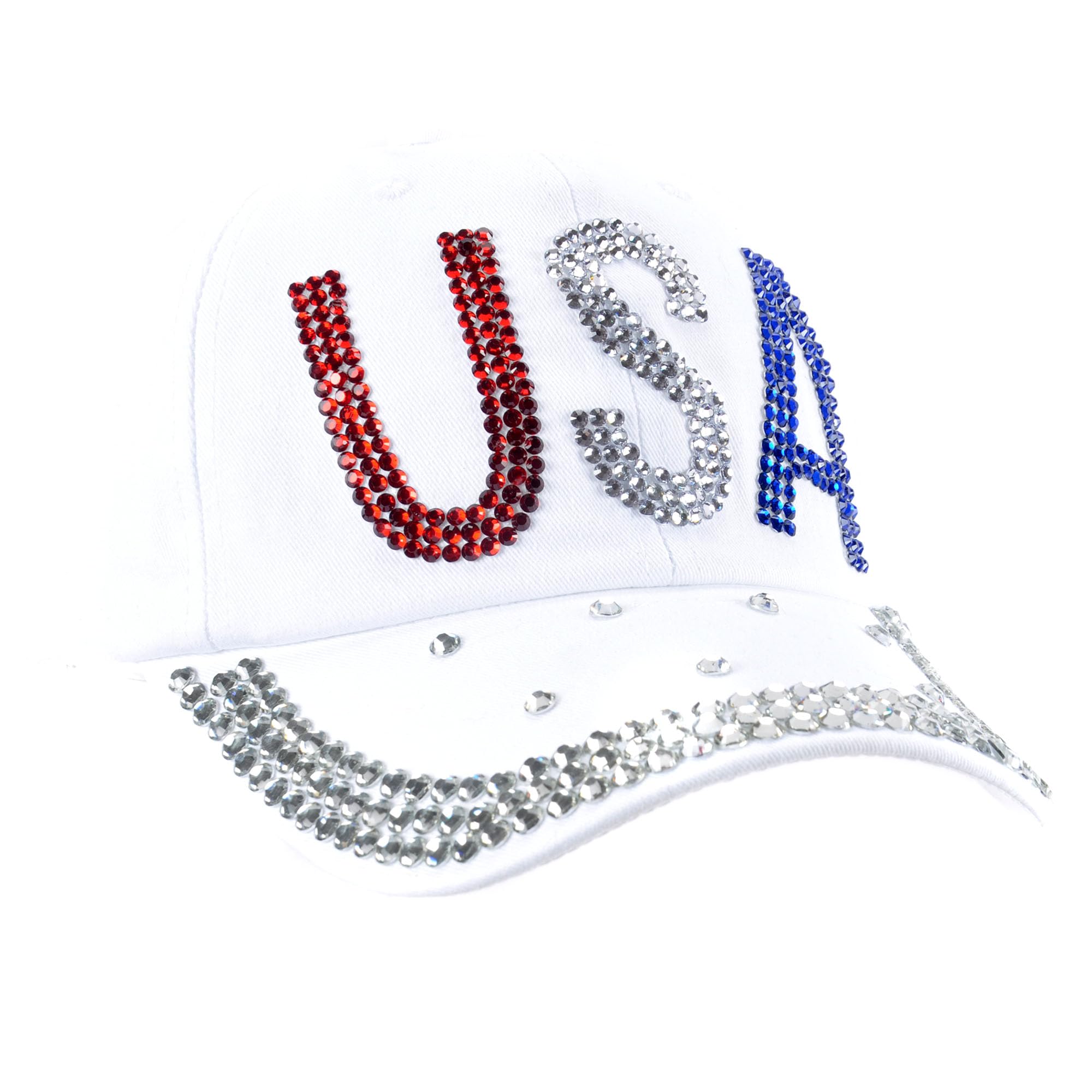 Sparkling Rhinestone Baseball Cap for Men & Women - Adjustable Denim Golf Hat with USA Design - Perfect for Casual Wear, Golfing & Outdoor Activities (White)
